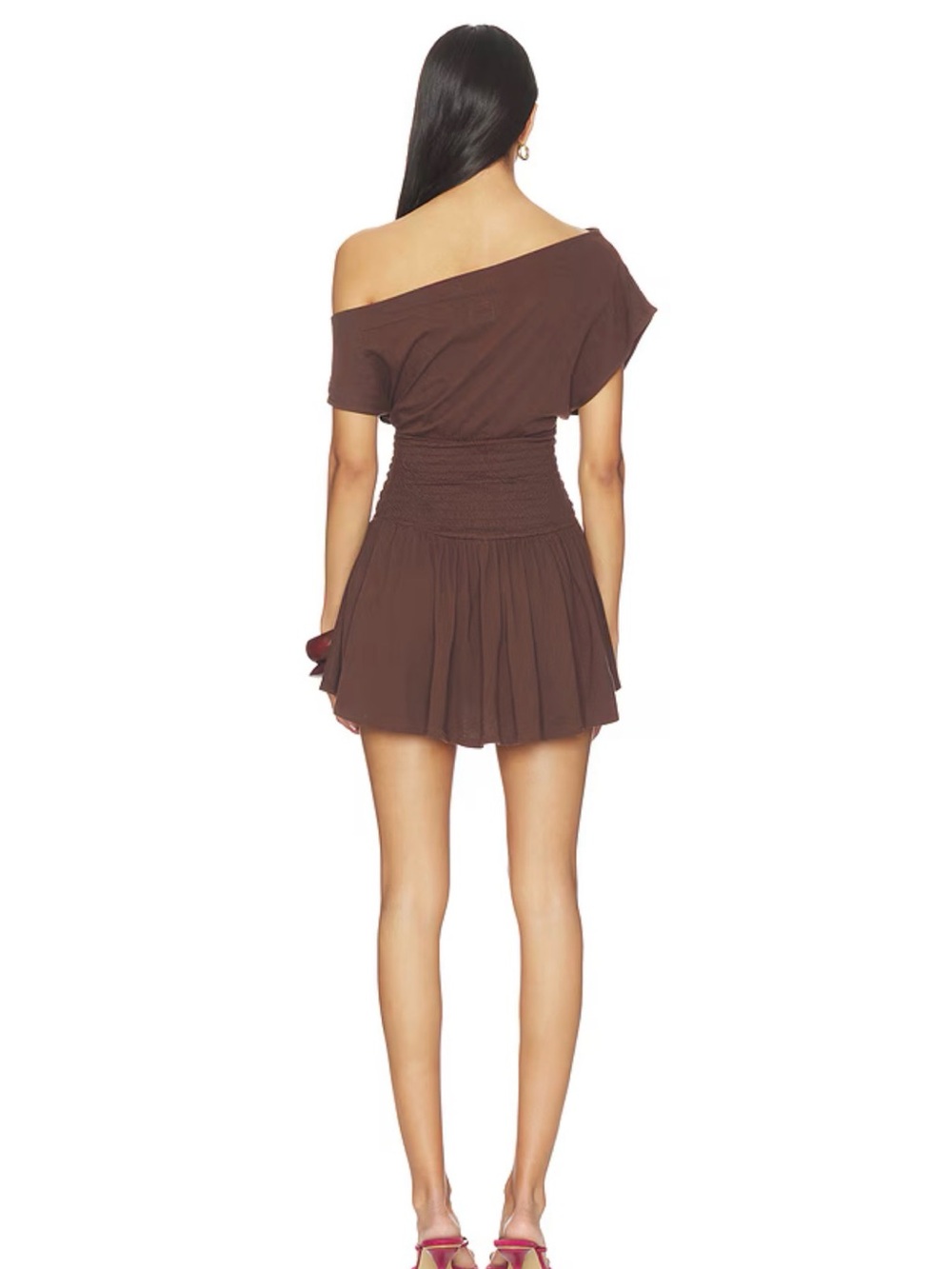One-Shoulder Brown Smocked-Waist Mini Dress - Picture 3 of 3